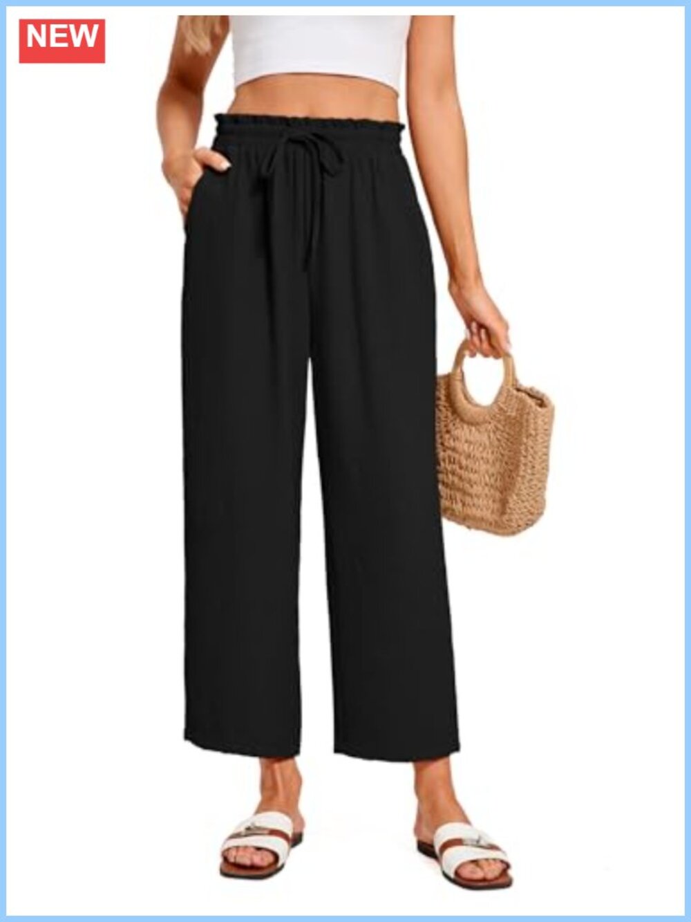 Women Cropped Palazzo Pants High Rise Wide Leg with Pockets